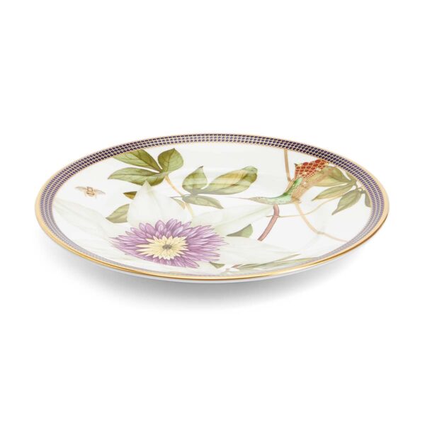 701587439800-Wedgwood-Hummingbird-Plate-15pt4cm-6in-angled-1200x1200-100KB Close-up shot of Wedgwood Hummingbird Plate defined by expressive floral motifs and an artfully sculpted bird finial finished with 22-carat gold detailing | Kneen & Co