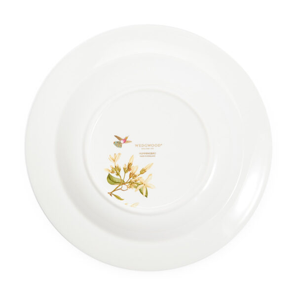 701587439817-Wedgwood-Hummingbird-Rim-Soup-22pt8cm-8pt9in-back-1200x1200-100KB Close-up shot of Wedgwood Hummingbird Rim Soup Plate defined by expressive floral motifs and an artfully sculpted bird finial finished with 22-carat gold detailing | Kneen & Co
