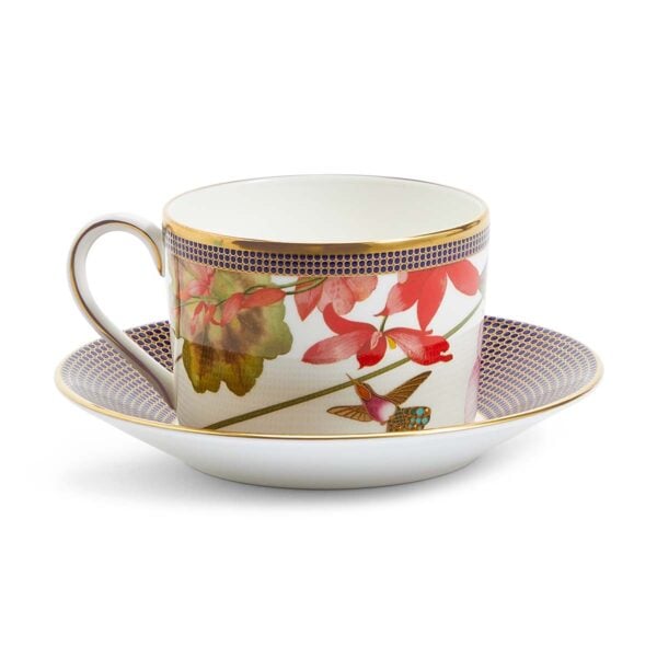 701587439824-Wedgwood-Hummingbird-Teacup+Saucer-175ml-5pt9floz-back-1200x1200-100KB Close-up shot of Wedgwood Hummingbird Tea Cup and Saucer defined by expressive floral motifs and an artfully sculpted bird finial finished with 22-carat gold detailing | Kneen & Co
