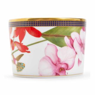 Close-up shot of Wedgwood Hummingbird Tea Cup and Saucer defined by expressive floral motifs and an artfully sculpted bird finial finished with 22-carat gold detailing | Kneen & Co