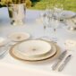 Elegant garden table set with the Christofle Malmaison Impériale collection in fine Limoges porcelain featuring intricate gold-leaf detailing | Kneen & Co
