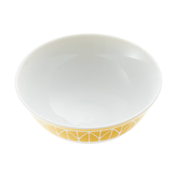 CHRISTOFLE-MalmaisonRiviera-B07693002_STQP-1200x1200-100KB Overhead lifestyle shot of a Christofle Malmaison Riviera Rice Bowl made of fine porcelain featuring a vibrant yellow geometric lotus leaf pattern | Kneen & Co