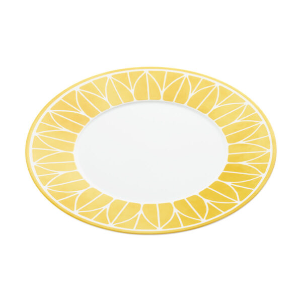 Close-up shot of Christofle Malmaison Riviera Dinner Plate in yellow Limoges porcelain with hand-drawn palmette detailing | Kneen & Co