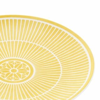 Close-up shot of Christofle Malmaison Riviera Dessert Plate in yellow Limoges porcelain with hand-drawn palmette detailing | Kneen & Co