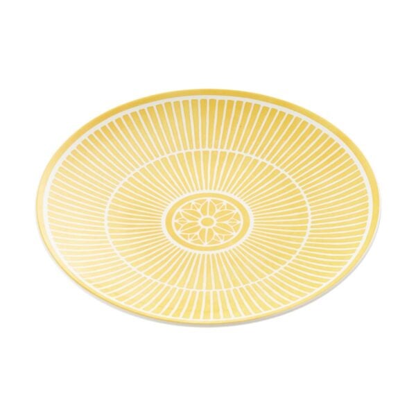 CHRISTOFLE-MalmaisonRiviera-B07693130_STQP-1200x1200-100KB Close-up shot of Christofle Malmaison Riviera Dessert Plate in yellow Limoges porcelain with hand-drawn palmette detailing | Kneen & Co