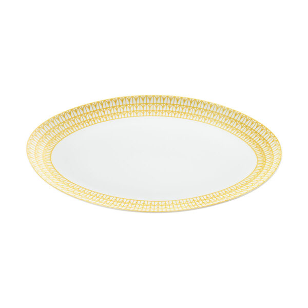 CHRISTOFLE-MalmaisonRiviera-B07693220_STQP-1200x1200-100KB Close-up shot of Christofle Malmaison Riviera Oval Platter in yellow Limoges porcelain with hand-drawn palmette detailing | Kneen & Co