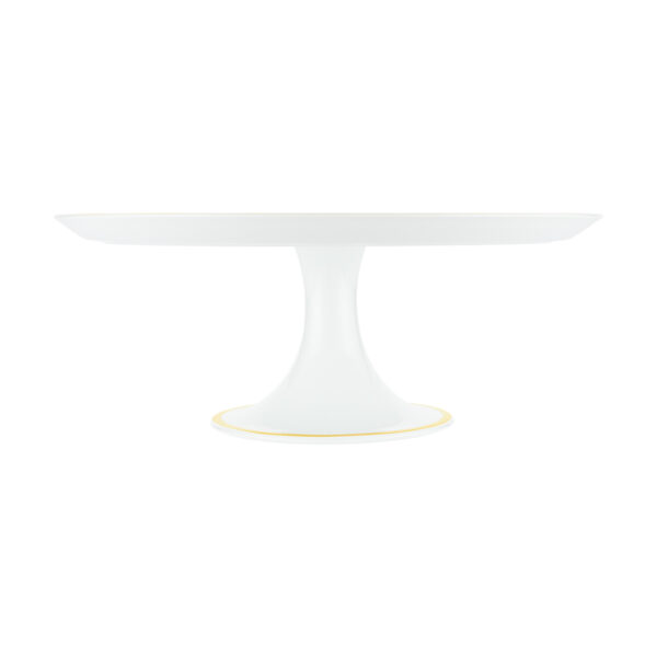 Close-up shot of Christofle Malmaison Riviera Cake Stand in yellow Limoges porcelain with hand-drawn palmette detailing | Kneen & Co