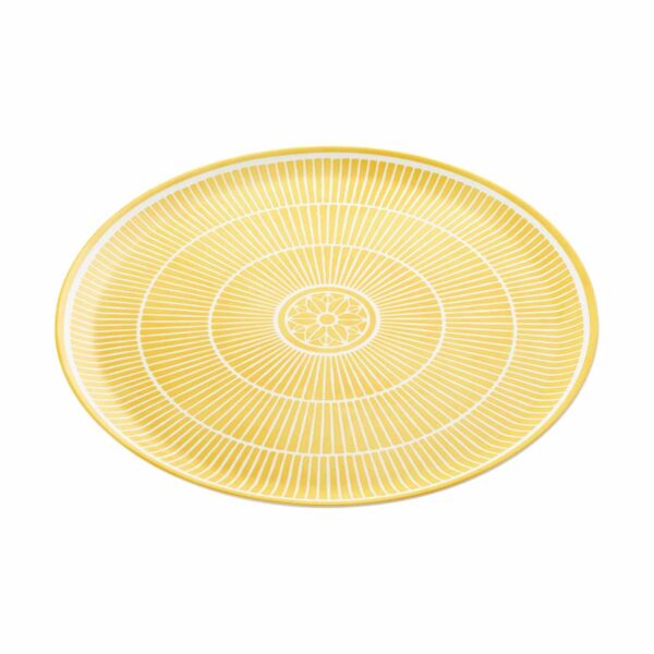 CHRISTOFLE-MalmaisonRiviera-B07693260_STQP-1200x1200-100KB Close-up shot of Christofle Malmaison Riviera Pie Dish in yellow Limoges porcelain with hand-drawn palmette detailing | Kneen & Co