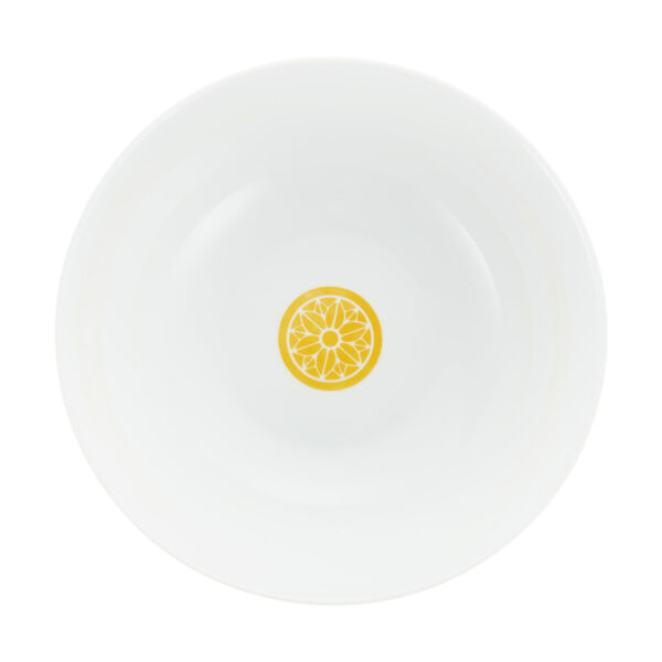 CHRISTOFLE-MalmaisonRiviera-B07693350_FO-1200x1200-100KB Close-up shot of Christofle Malmaison Riviera Salad Serving Bowl in yellow Limoges porcelain with hand-drawn palmette detailing | Kneen & Co