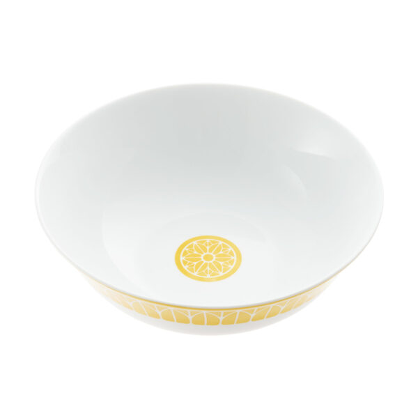 CHRISTOFLE-MalmaisonRiviera-B07693350_STQP-1200x1200-100KB Close-up shot of Christofle Malmaison Riviera Salad Serving Bowl in yellow Limoges porcelain with hand-drawn palmette detailing | Kneen & Co