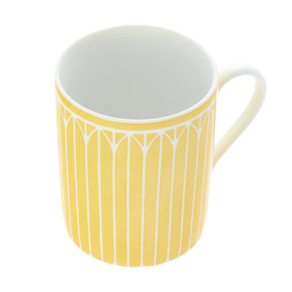 Close-up shot of Christofle Malmaison Riviera Mug in yellow Limoges porcelain with hand-drawn palmette detailing | Kneen & Co