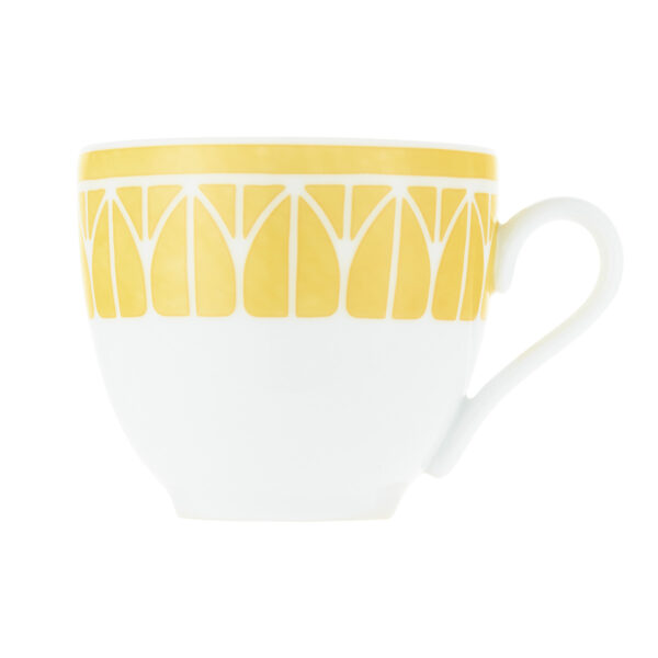 CHRISTOFLE-MalmaisonRiviera-B07693510_F-1200x1200-100KB Close-up shot of Christofle Malmaison Riviera Espresso Cup and Saucer in yellow Limoges porcelain with hand-drawn palmette detailing | Kneen & Co