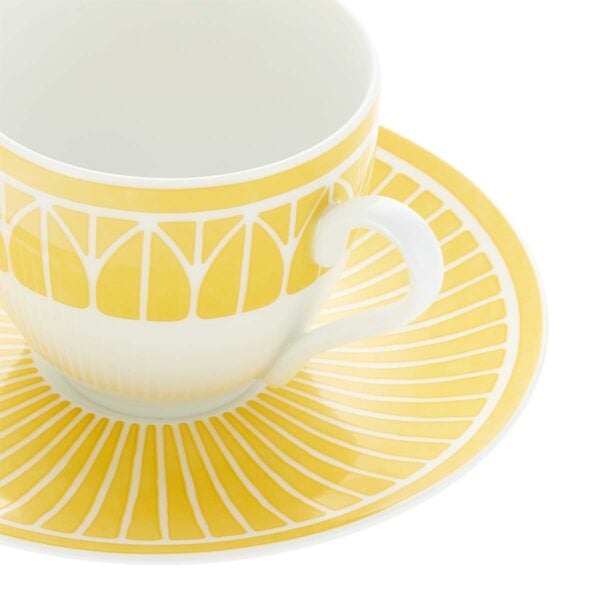 CHRISTOFLE-MalmaisonRiviera-B07693510_FZ-1200x1200-100KB Close-up shot of Christofle Malmaison Riviera Espresso Cup and Saucer in yellow Limoges porcelain with hand-drawn palmette detailing | Kneen & Co