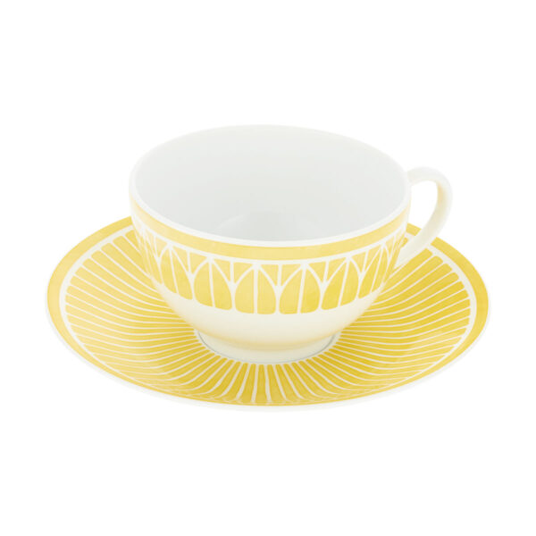 CHRISTOFLE-MalmaisonRiviera-B07693520_STQ-1200x1200-100KB Close-up shot of Christofle Malmaison Riviera Tea Cup and Saucer in yellow Limoges porcelain with hand-drawn palmette detailing | Kneen & Co