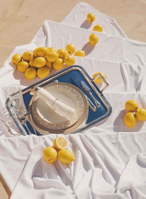 Sunlit picnic setting featuring a Christofle Malmaison Impériale porcelain plate and silver-plated tray highlighting intricate gold lotus patterns and mirror-polished flatware on draped white linen | Kneen & Co
