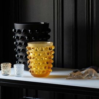 Lalique Mossi Vase Amber, Mossi XXL Vase Black set on table | Kneen & Co