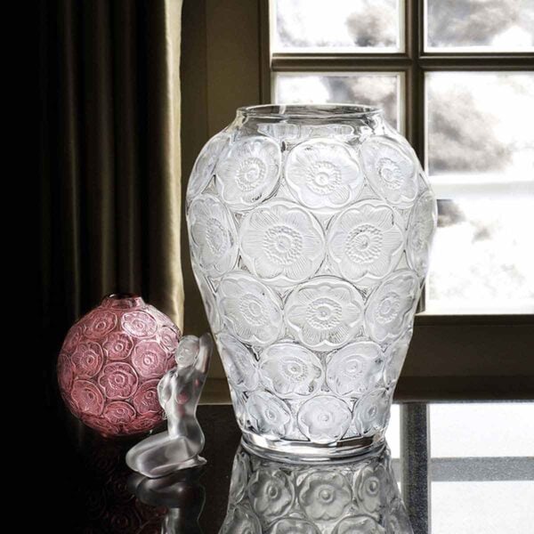 Lalique Anemones Vase Clear set on table | Kneen & Co
