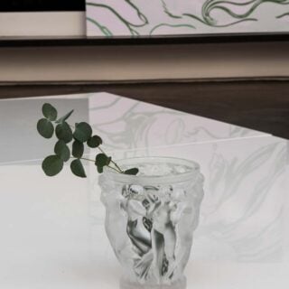 Lalique Bacchantes Small Vase set on table | Kneen & Co