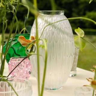 Lalique Plumes Grand Vase Clear set on garden table | Kneen & Co