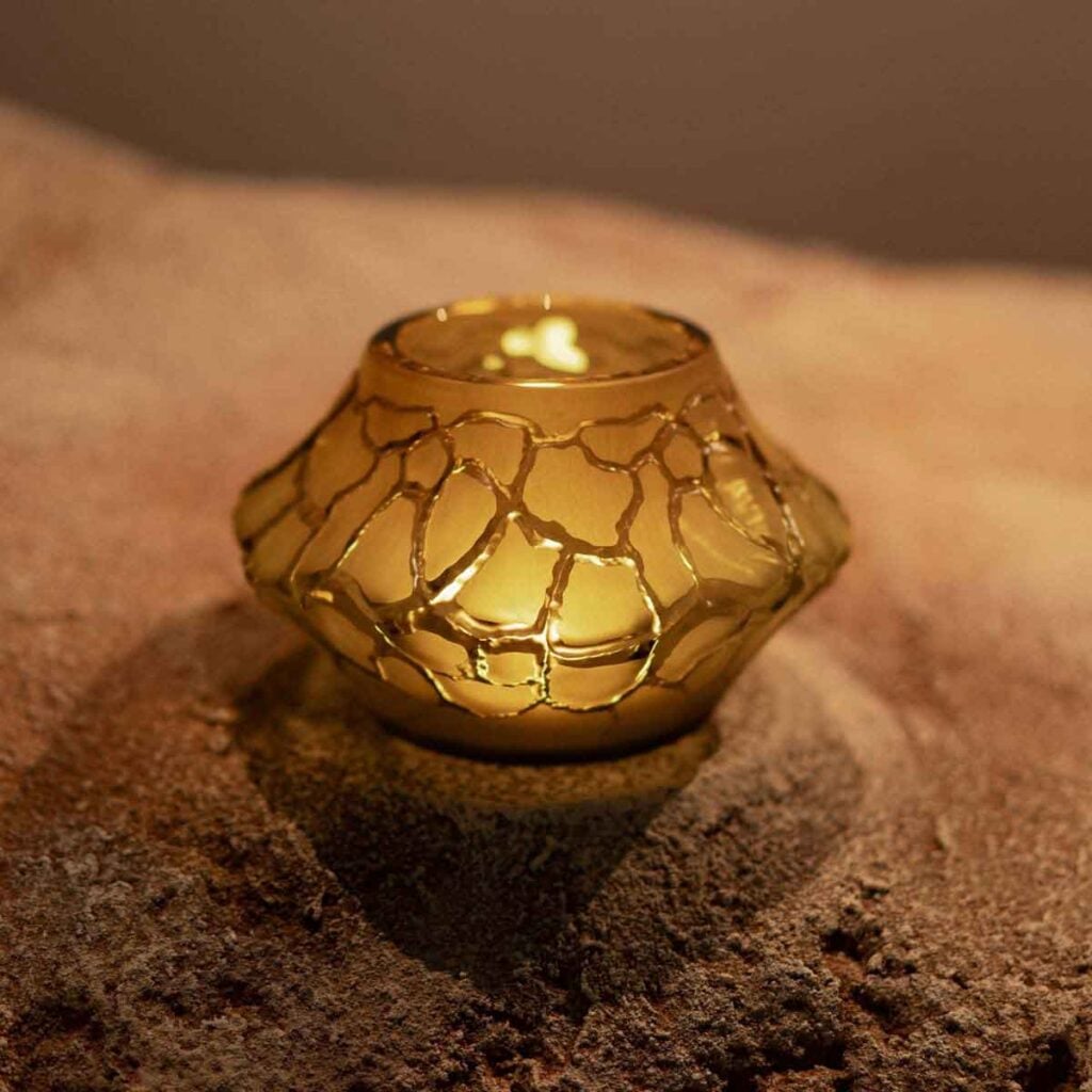 Lalique Caldera Small Vase-Votive Canyon set on table | Kneen & Co