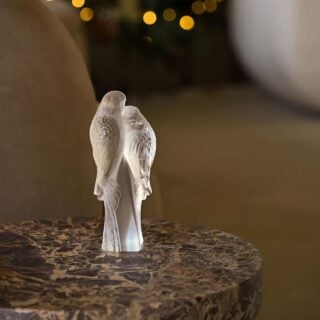 Lalique 2 Parakeets Sculpture Clear set on table | Kneen & Co