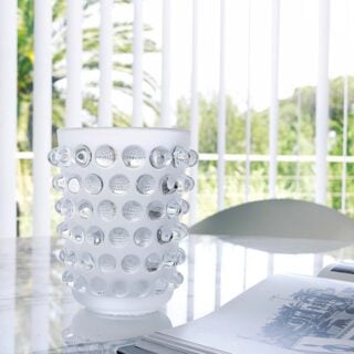 Lalique Iconic Mossi Vase Clear set on table | Kneen & Co