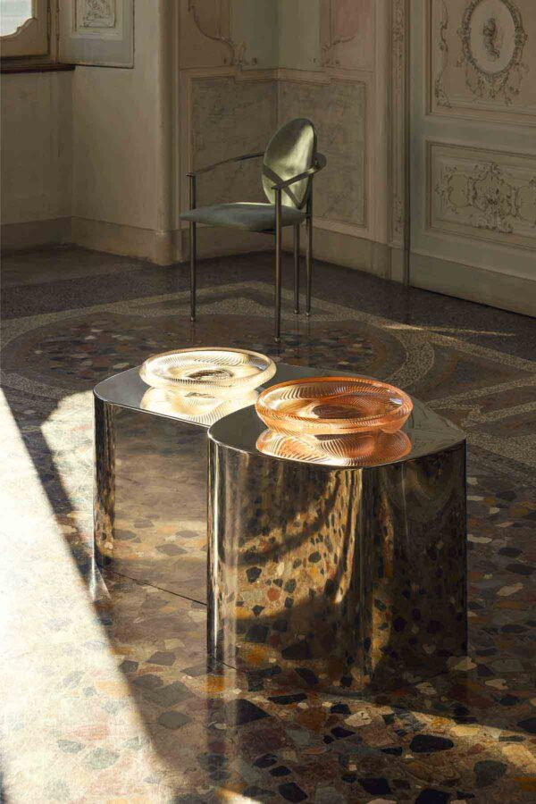 Lalique Alizé Clear & Coral bowls set on table | Kneen & Co
