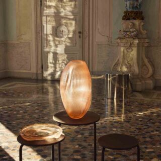 Lalique Alizé Vase with Coral Patina Crystal set on table | Kneen & Co