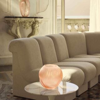 Lalique Alizé Small Vase with Coral Patina Crystal set on side table | Kneen & Co