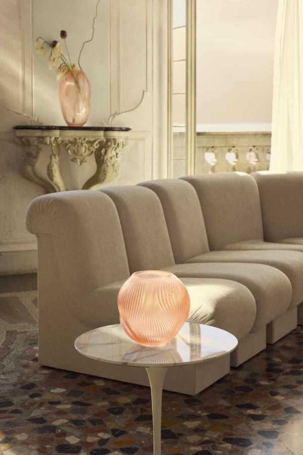 LALIQUE-Alize-Vase-Lifestyle-Image-2-1200w-100KB Lalique Alizé Small Vase with Coral Patina Crystal set on side table | Kneen & Co