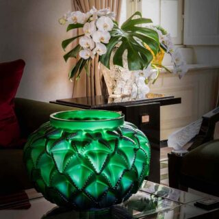 Lalique Languedoc Grand Vase Green set on table | Kneen & Co