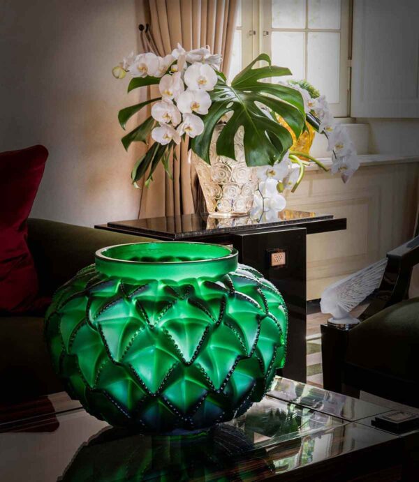 Lalique Languedoc Grand Vase Green set on table | Kneen & Co