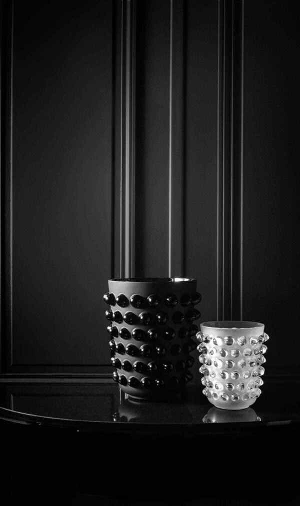 Lalique Mossi XXL Vase Black and smaller clear vase set one table | Kneen & Co