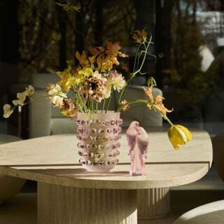 Lalique Mossi Vase Pink Luster & 2 Parakeets Sculpture Pink Luster set on table | Kneen & Co