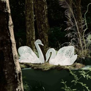 Lalique Swan Head Down & Swan Head Up Sculptures Clear set on table in garden | Kneen & Co