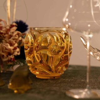 Lalique Tourbillons Small Vase Gold Luster set on table | Kneen & Co