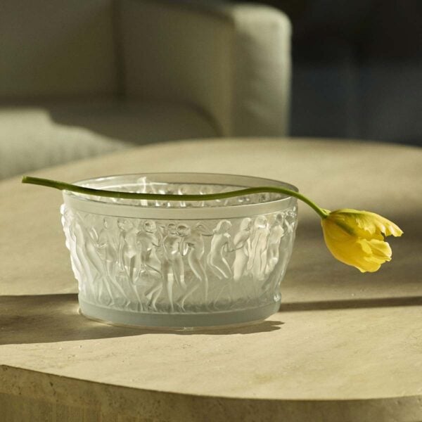 LALIQUE-crystal-decorative-objects-bacchantes-bowl-lifestyle-image-1200w-100KB Lalique Bacchantes Bowl set on table | Kneen & Co