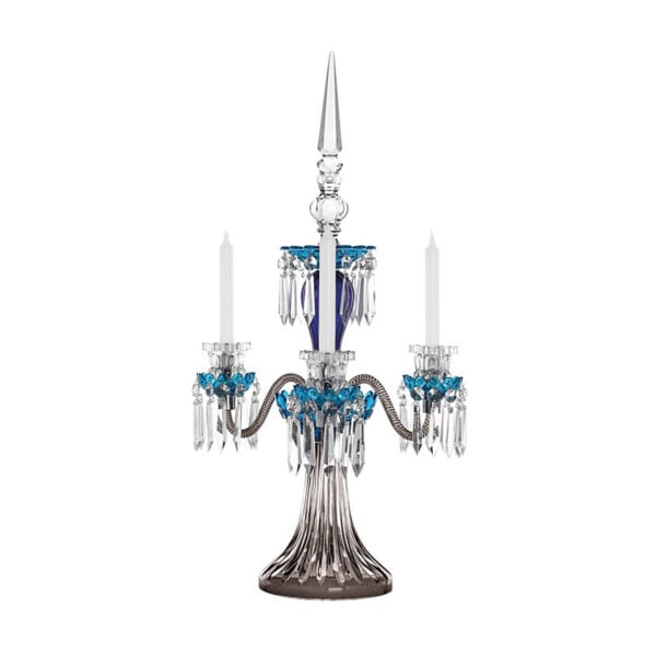 Saint-Louis Crystal Arlequin Three-Light Electric Candelabra Sky Blue and Dark Blue | Kneen & Co
