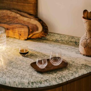 Saint-Louis Crystal Folia Espresso Tumbler and Lungo Tumbler on tray | Kneen & Co