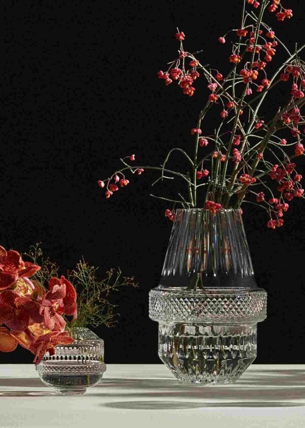 Saint-Louis Crystal Matrice Vase Large and Small with flowers on table | Kneen & Co