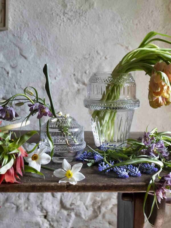 Saint-Louis Crystal Matrice Vase Medium and Small with flowers on a rustic table | Kneen & Co