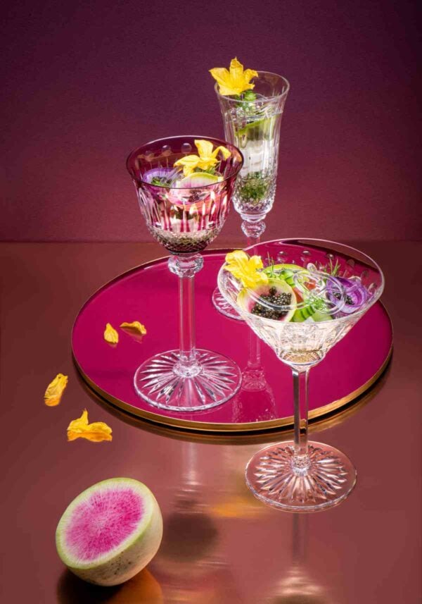 Saint-Louis Crystal Tommy Amethyst Champagne Hock, Clear Champagne Flute, and Cocktail Glass | Kneen & Co