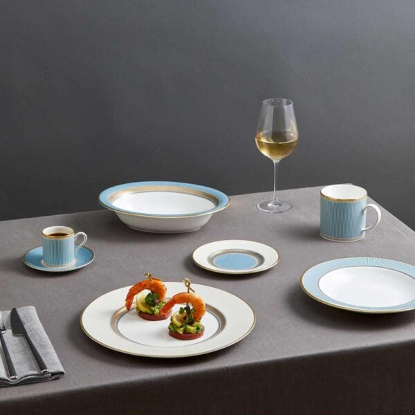 Wedgwood-Helia-701587471602-Dinner-1200w-100KB Modern dinner setting with Wedgwood Helia Dinnerware in fine bone china with 22-carat gold trim and blue pinstripe borders | Kneen & Co