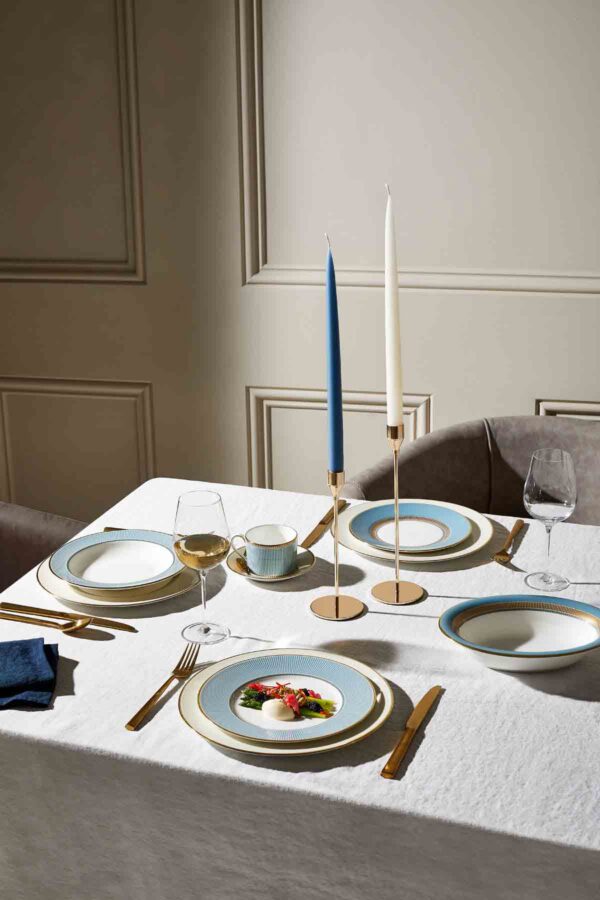 Wedgwood-Helia-Lifestyle-1-2023-1200w-100KB Modern dinner setting with Wedgwood Helia Dinnerware in fine bone china with 22-carat gold trim and blue pinstripe borders | Kneen & Co