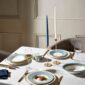 Modern dinner setting with Wedgwood Helia Dinnerware in fine bone china with 22-carat gold trim and blue pinstripe borders | Kneen & Co