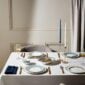 Modern dinner setting with Wedgwood Helia Dinnerware in fine bone china with 22-carat gold trim and blue pinstripe borders | Kneen & Co