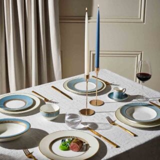 Wedgwood-Helia-Lifestyle-3-2023-1200w-100KB Modern dinner setting with Wedgwood Helia Dinnerware in fine bone china with 22-carat gold trim and blue pinstripe borders | Kneen & Co