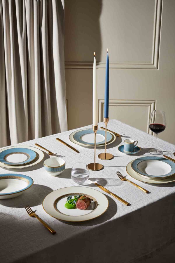 Wedgwood-Helia-Lifestyle-3-2023-1200w-100KB Modern dinner setting with Wedgwood Helia Dinnerware in fine bone china with 22-carat gold trim and blue pinstripe borders | Kneen & Co