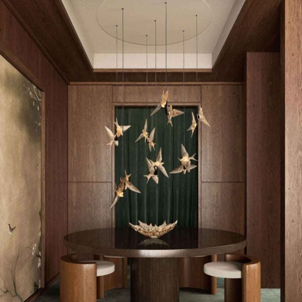 Lalique 14 Swallows Chandelier Clear Crystal & Satin Gilded set over table | Kneen & Co