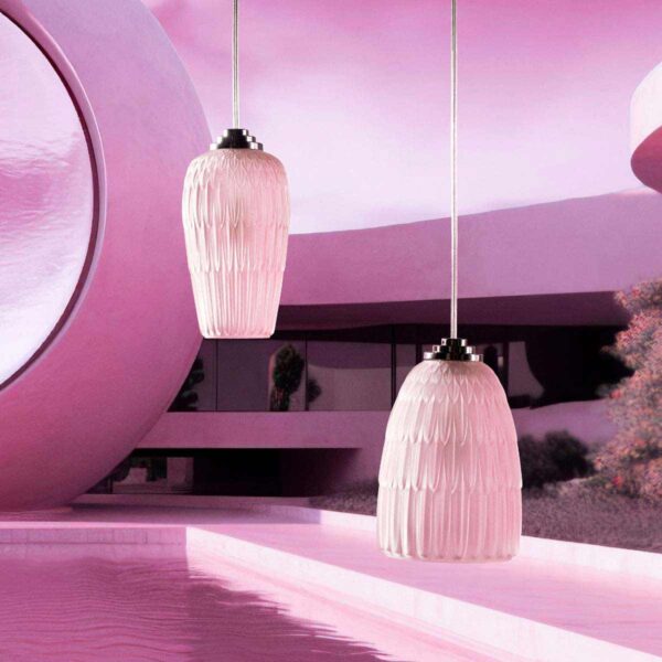 Lalique Plumes Ceiling Lamp No. 1 & No. 2 Pink Luster Crystal & Chrome Finish
